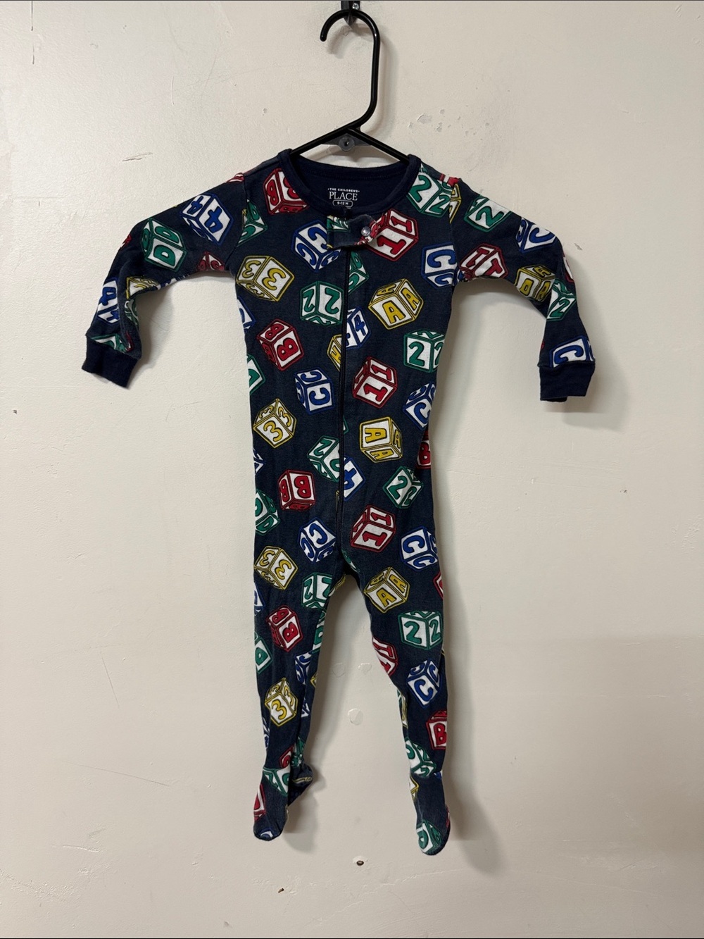The Children's Place Navy Zip-Up Footed One-Piece with Colorful Block Print